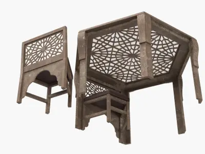 Old Moroccan Carved Wooden Table with Chair 3D model