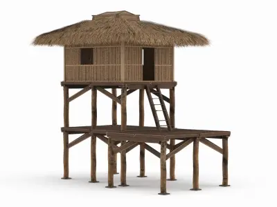 Two-Level Bamboo Hut with Thatched Roof 3D model