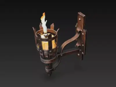 Medieval Iron Wall Torch with Candle - PBR 3D Model Low-poly 3D model