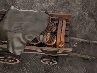 A stylized medieval cart with a lamp and barrels Low-poly 3D model