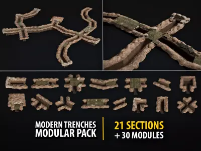 Modern Trenches Modular Pack - 21 Sections 30 Modules Low-poly 3D model