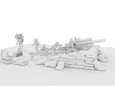 Korean soldiers firing 105mm howitzers during the Korean War 3D model
