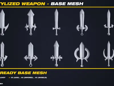 30 Stylized Weapon Base Mesh - VOL 10 - Game Ready  Low-poly 3D model