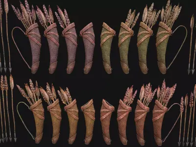 Archer Set Bow Quiver Straw Target Arrows Medieval Weapons Low-poly 3D model