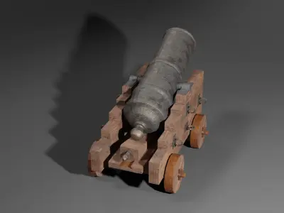 Iron cannon with wooden base 3D model