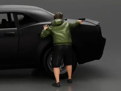 gangster man in a hoodie shorts shooting a gun behind the car 3D print model