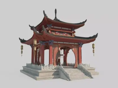 Asian ancient architecture luxury pavilion copper clock 3D model