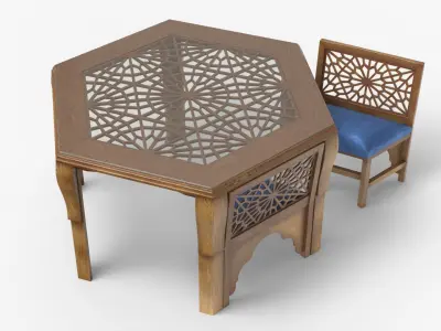 Arabic Wooden Table with Blue Cushioned Chairs 3D model