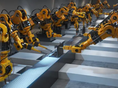 Industrial robots assembling 3D printers 3D model