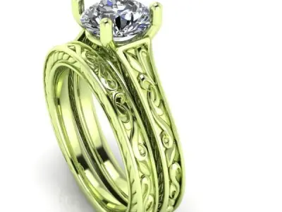 Filigree Scrolls Engraved Solitaire  Art Deco Engagement Ring 3D print model