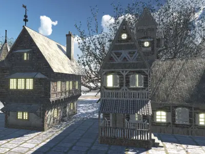 Medieval Modular Town with 13 Houses Tree and Bridge Game Ready Low-poly 3D model