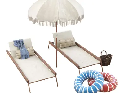 antique beach umbrella and huntington chaise 3D model