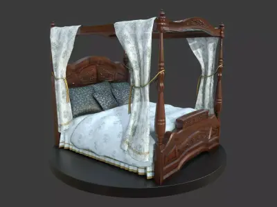 Vintage Bed With Curtains Low-poly 3D model