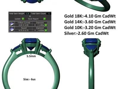 Round And Trillian 3 Stone Engagement Ring 3D print model