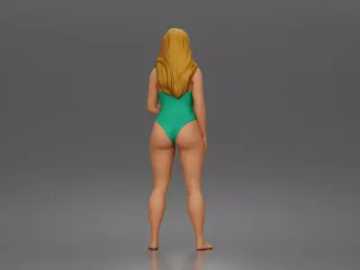 Woman stands wearing one piece swimsuit relaxed at beach 3D print model