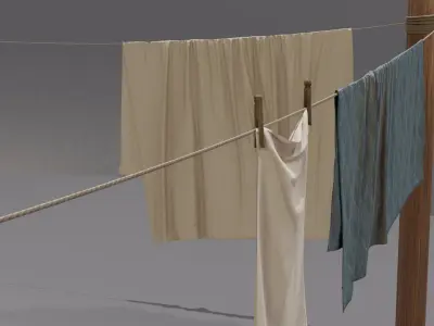 Clothes Line with Laundry Basket and Hanging Linens 3D model