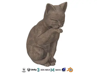 Grooming cat wood statue Low-poly 3D model