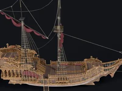 Realistic pirate ship Low-poly 3D model