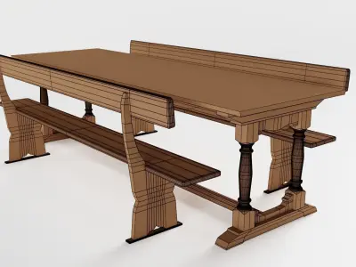 Vintage School Refectory Table with Benches 3D model