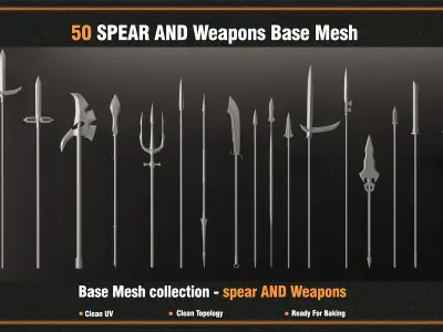 50 SPEAR AND Weapons Base Mesh - VOL 01-  Game Ready  Low-poly 3D model