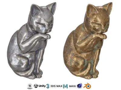 Grooming cat metal statue Low-poly 3D model