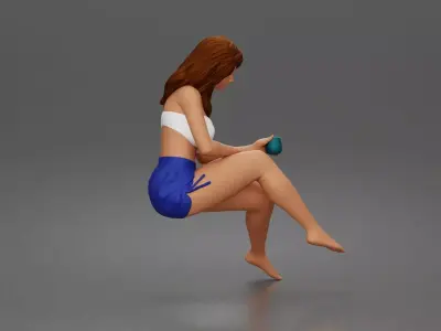 Relaxed woman sips morning coffee wearing summer top and shorts 3D print model
