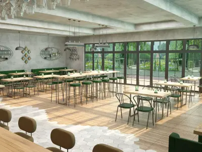 Industrial coffee bar restaurant interior design 3D model