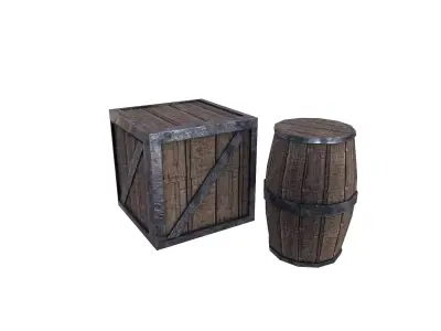 Wooden Box and Barrel Free low-poly 3D model