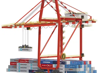 Port gantry crane with container terminal 3D model