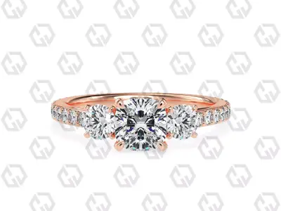 Ring 122 Cushion cathedral pave set shank 3 stone ring 3D print model