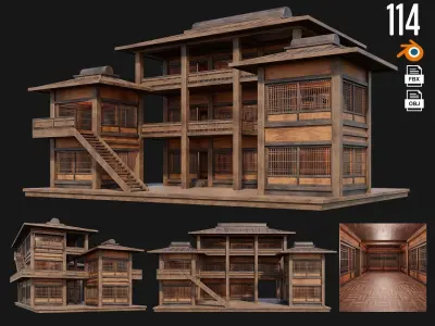 4 Old Japanese  Building Pack 4K Textures GameReady 113 to 116 Low-poly 3D model