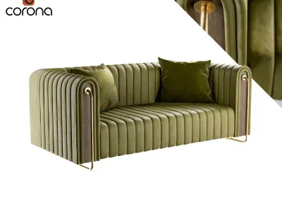 Retro ribbed sofa with metal and wood detail 3D model
