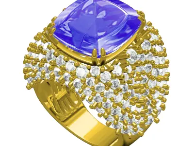 Antique Cushion Stone Round Diamond Cocktail Ring 3D print model