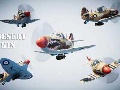 Low poly Spitfire PBR fighter planes flying in sky Low-poly 3D model