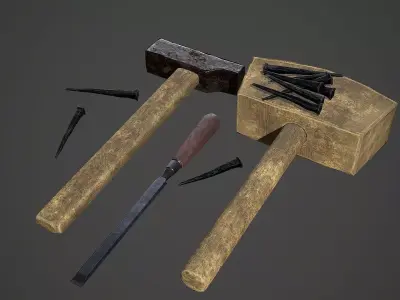  Lowpoly model of tools mallet hammer chisel nails Low-poly 3D model