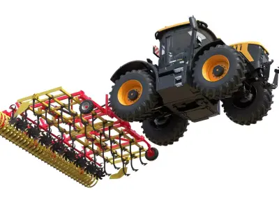 JCB Fastrac 4000 ICON Tractor and Agricultural Cultivator Low-poly 3D model