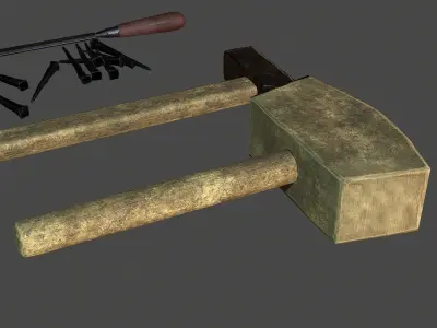  Lowpoly model of tools mallet hammer chisel nails Low-poly 3D model