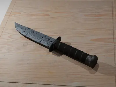 Military knife with damascus steel blade Low-poly 3D model