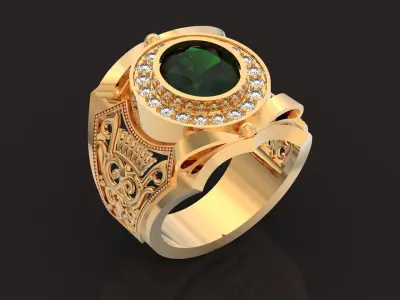 mens signet ring large with oval stone and pattern 1411 3D print model