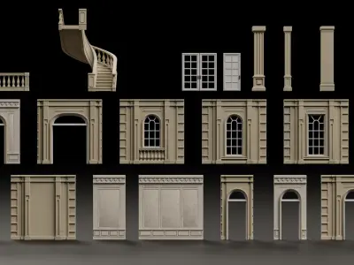 CLASSIC EUROPEAN KITBASH 05 MODULAR BUILDING WITH INTERIOR Low-poly 3D model