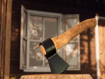 Axe and Wood Trunk Low-poly 3D model