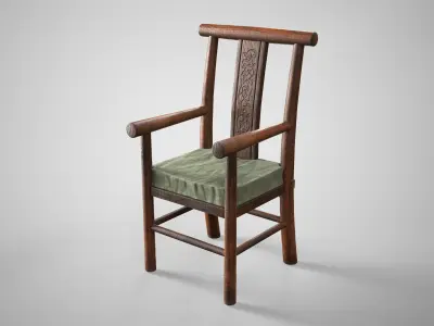 Old Wooden Armchair - Rustic Medieval Chair With Cushion Low-poly 3D model