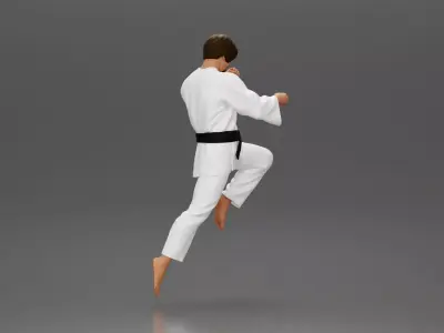 Karate Practitioner in Gi Performing a Jumping Martial Arts Move 3D print model