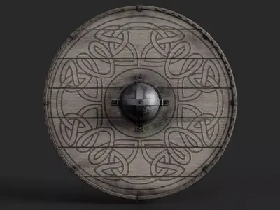 Slavic round wooden shield-painted beige with nordic symbol Low-poly 3D model