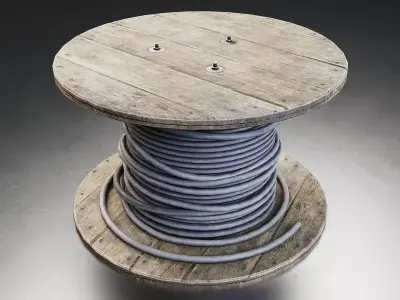 Wooden Cable Reel with Telephone Cable Low-poly 3D model