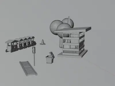  Low Poly Train Model AND TRESS BUS STOP TRAFIC LIGHT DUST BIN Low-poly 3D model