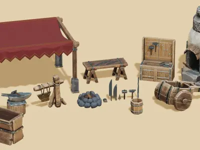 Medieval Blacksmith - 15 Stylized Props Low-poly 3D model