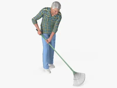Grey-Haired Man in Plaid Shirt with Rake Rigged  purchase 3D model