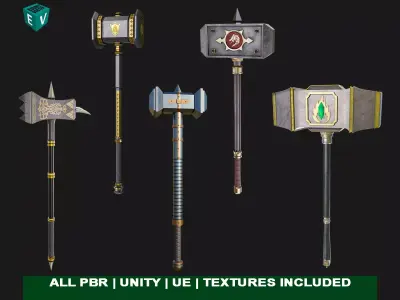 5 Battle Hammers Collection All PBR Unity UE Textures Included 3D Model Pack