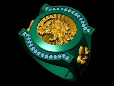 Gold Persian Lion and Sun men ring 3D print model